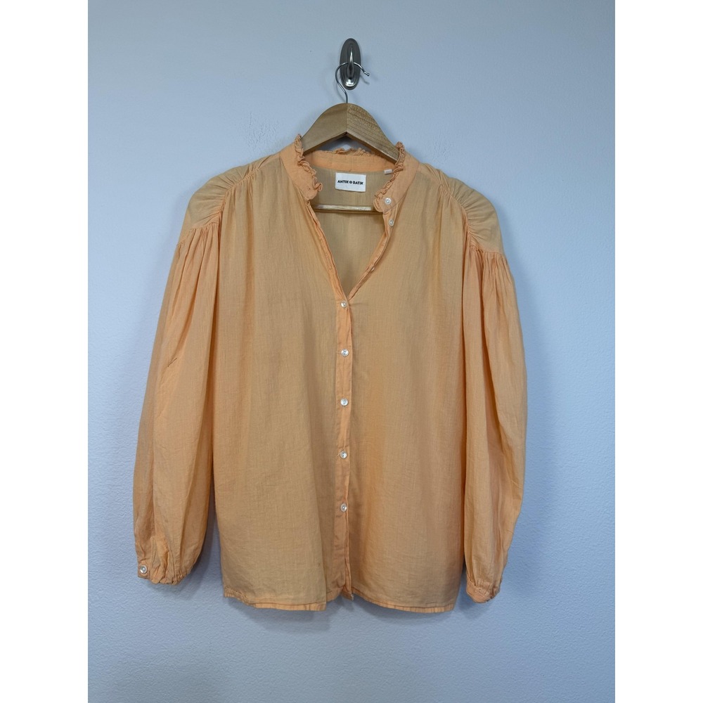 Antik Batik Blouse Women's Small Orange Ruffle Lightweight Button Front Top